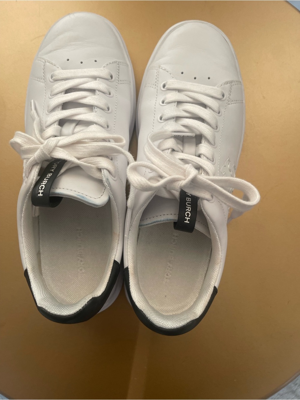 Tory Burch White Leather Low-Top Sneakers with Black Heel Tabs
